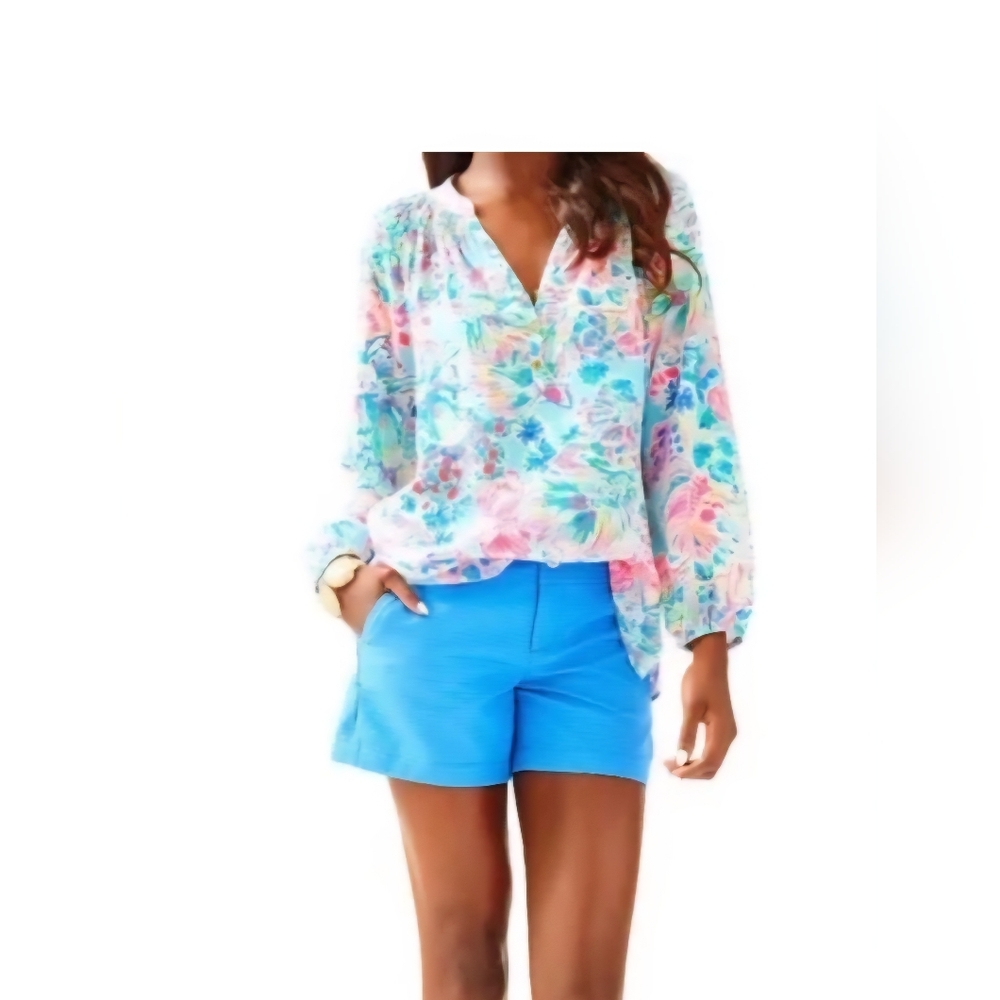 🌸 Lilly Pulitzer Elsa 100% Silk,  Gypsea Top In Serene Blue. Size SM. - Picture 2 of 7